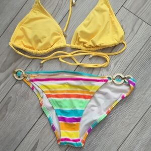 Victoria's Secret Yellow Triangle Top with Multicolor Striped Bottom Bikini